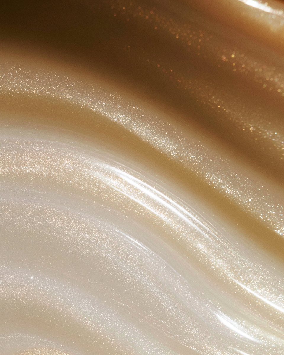 Pearlescent panthenol cream arranged in soft luminous folds