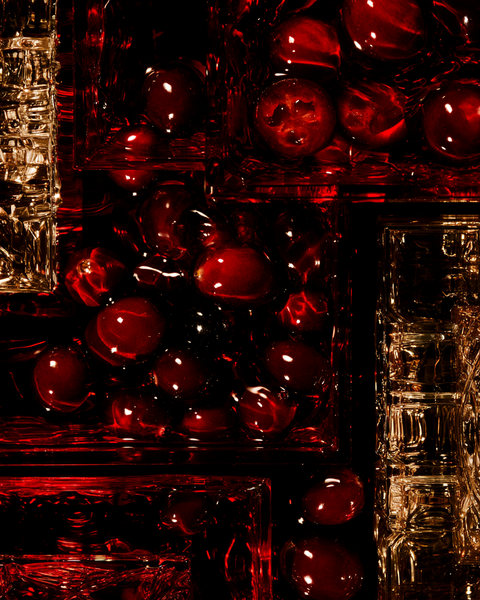 Ruby cranberries floating in red liquid among sculptural glass trays