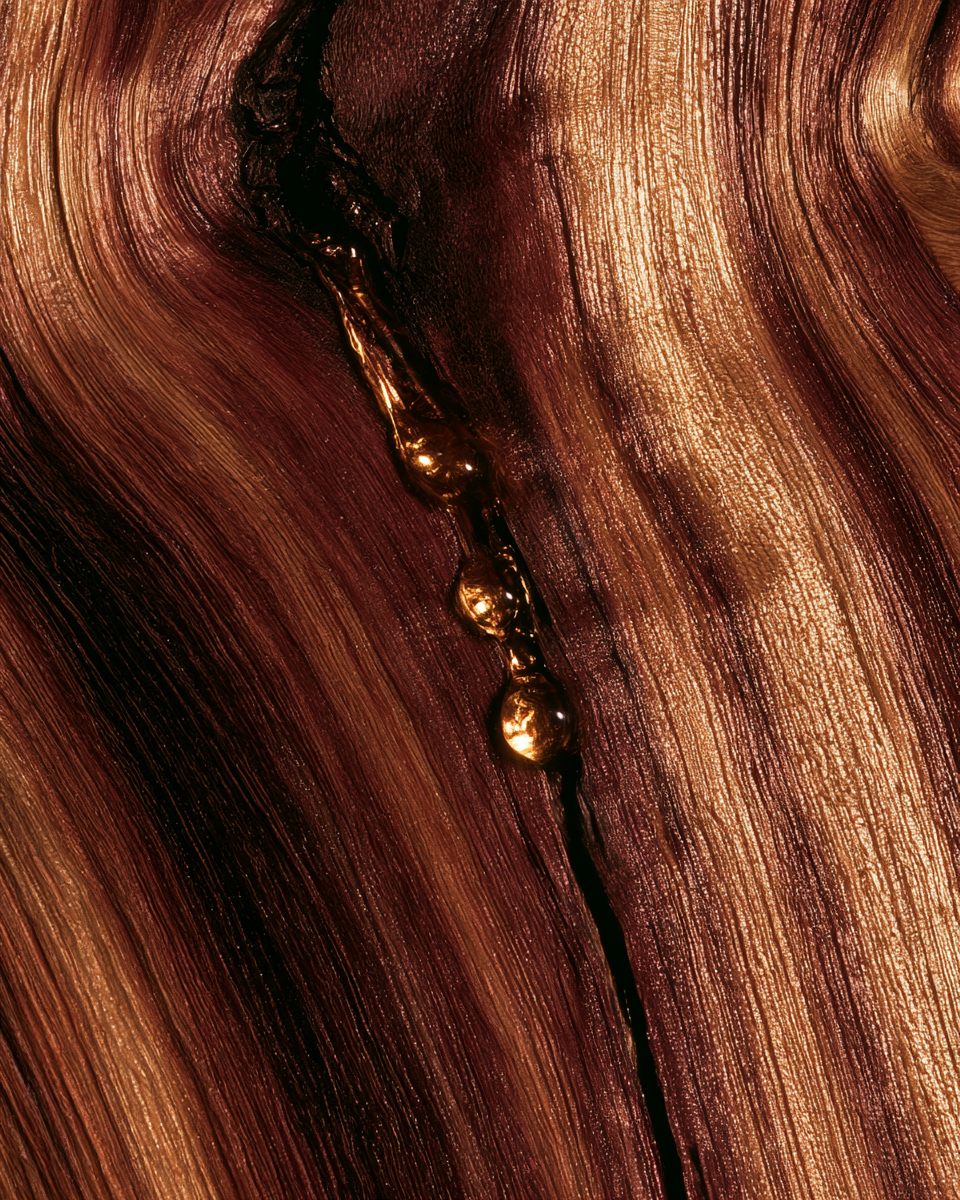 Golden resin glowing in the carved grooves of ancient totara bark