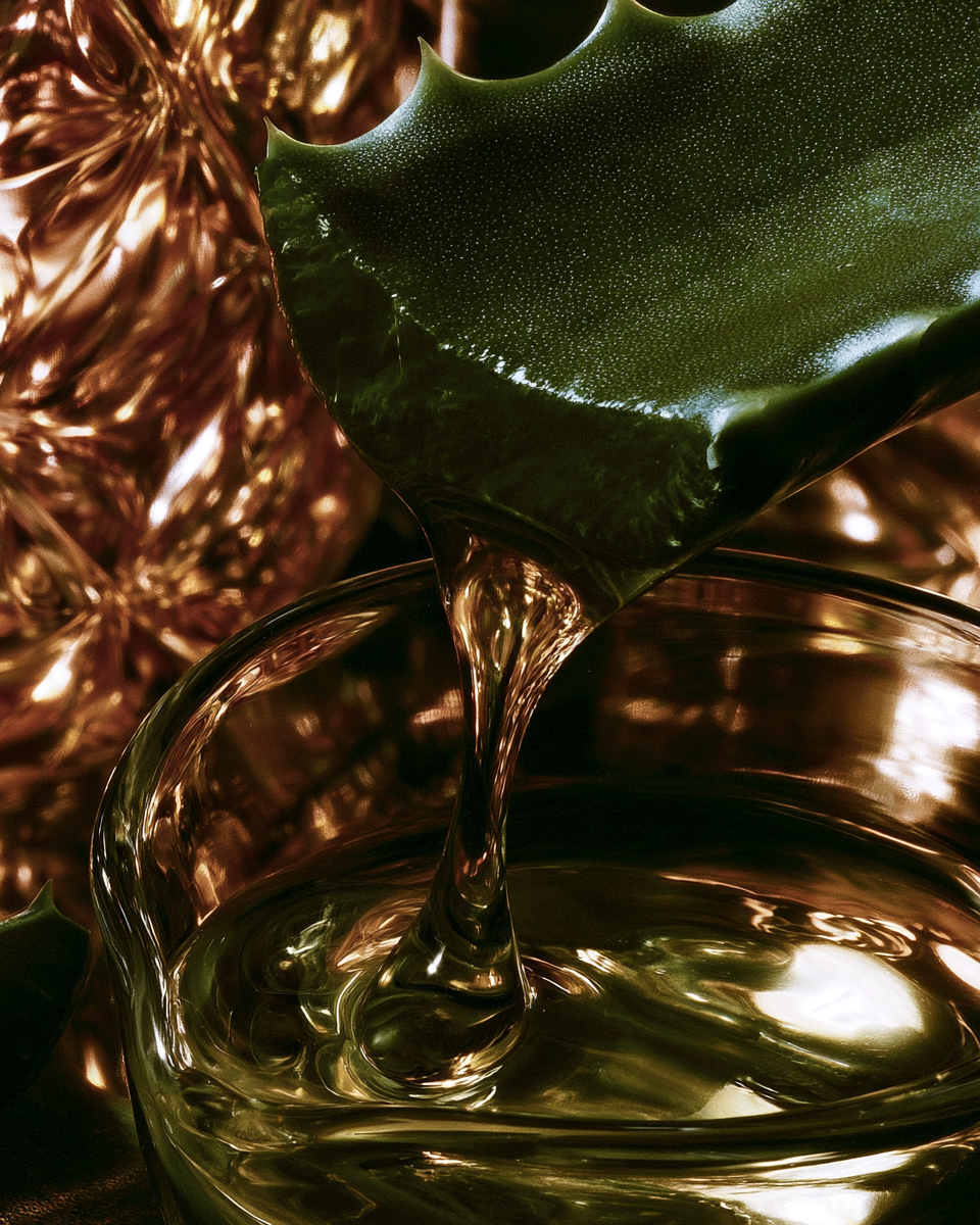 A cut aloe leaf releasing a slow drop of translucent gel