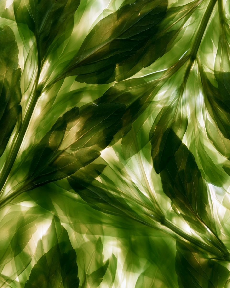 Backlit eclipta leaves layered into translucent shades of green