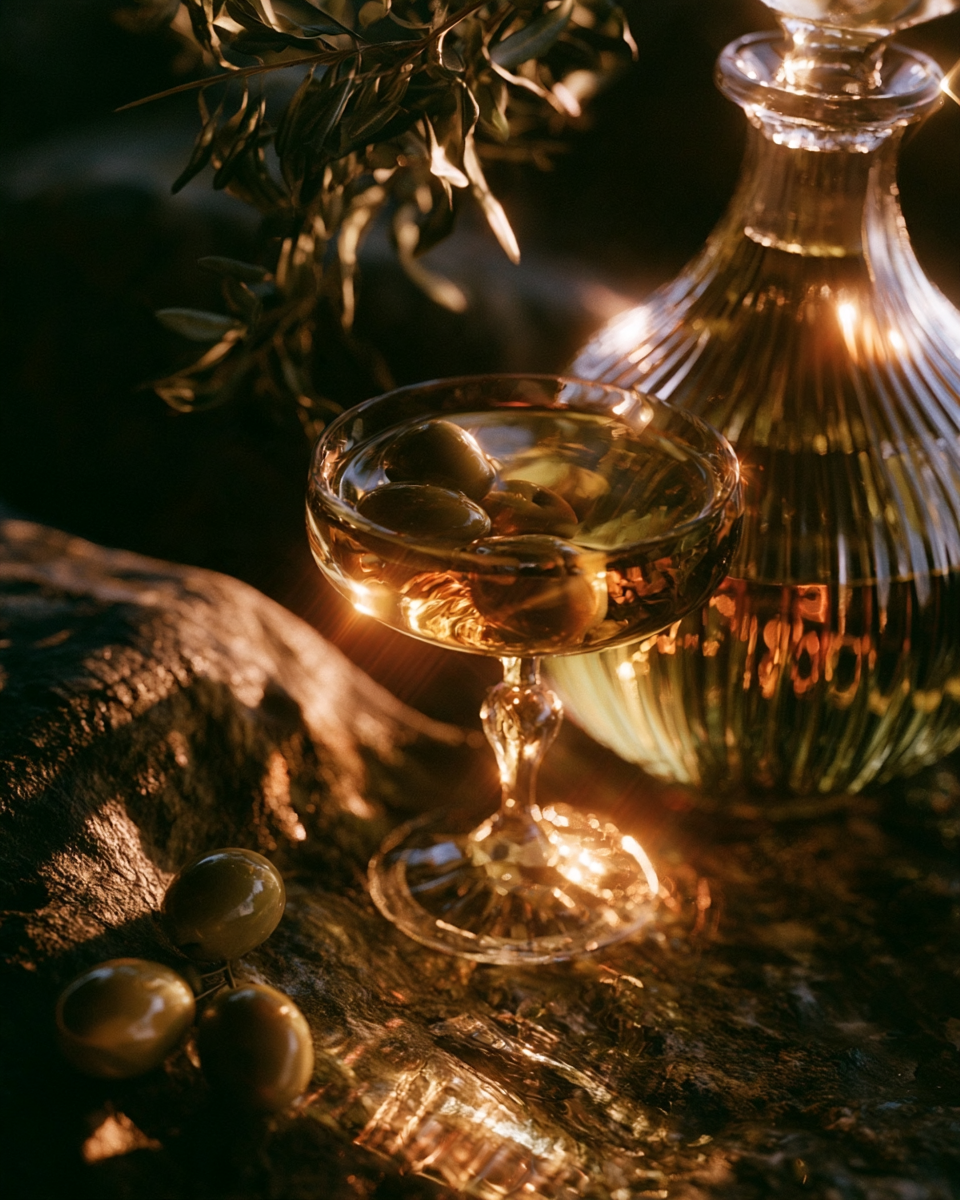 Olives in golden-green oil in a crystal coupe, beside a glass carafe and olive branches on dark stone